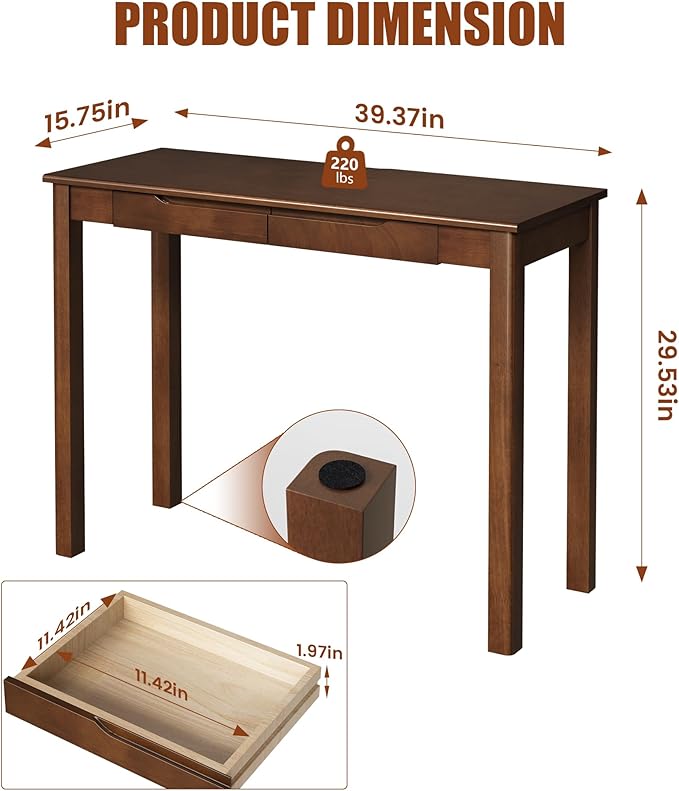 100% Solid Wood Desk with 2 Drawers, 39 x 16 Inch Narrow Mid Century Modern Desk, Vintage Small Wooden Writing Table for Small Spaces Bedroom, Living Room, Office