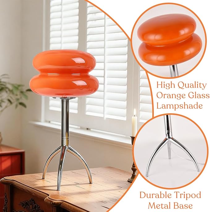 Orange Mushroom Table Lamp Chrome Tripod Base Bedside Lamp Mid Century Modern Lamp Bauhaus MCM Glass Nightstand Lamp for Bedroom Bathroom Livingroom