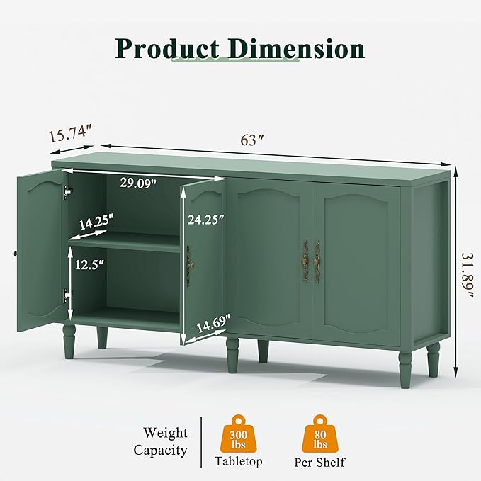 63" Sideboard Buffet Cabinet with Storage, Mid Century Modern Credenza with Adjustable Shelves & Carved Handle, Wood Kitchen Buffet Table Coffee Bar for Dining Room Living Room - Forest Green