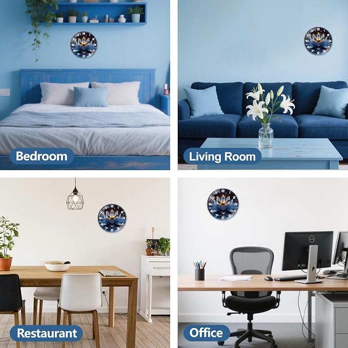 peacoblue Wall Clocks Battery Operated 12 Inch Lotus Glass Round Wall Clock Non Ticking for Kitchen Living Room Dining Room Bedroom and Bathroom Decor Accessories (Battery not Included)