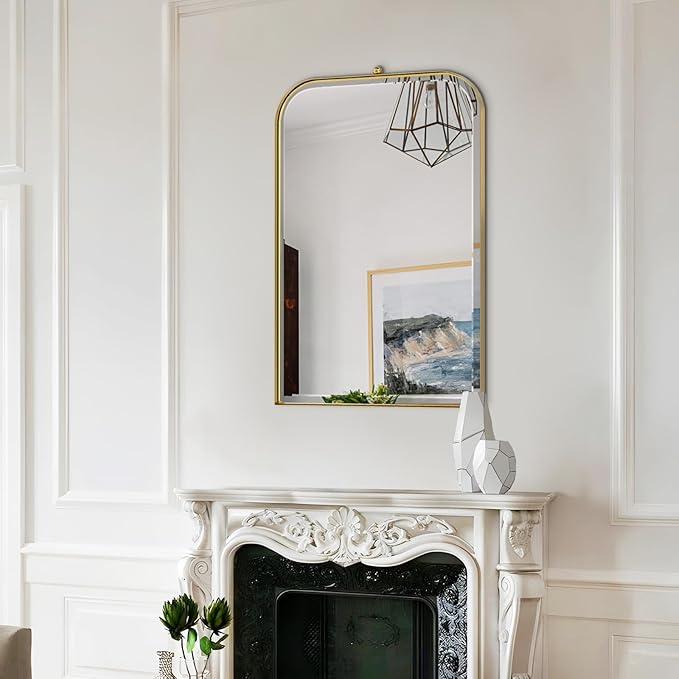 POZINO Brushed Gold Beveled Mirror, 20"x30" Arched Mirror for Over Sink, Rounded Rectangle Mirrors with Stainless Steel Frame, Brass Vanity Wall Mirrors for Bathroom Bedroom Living Room Entryway