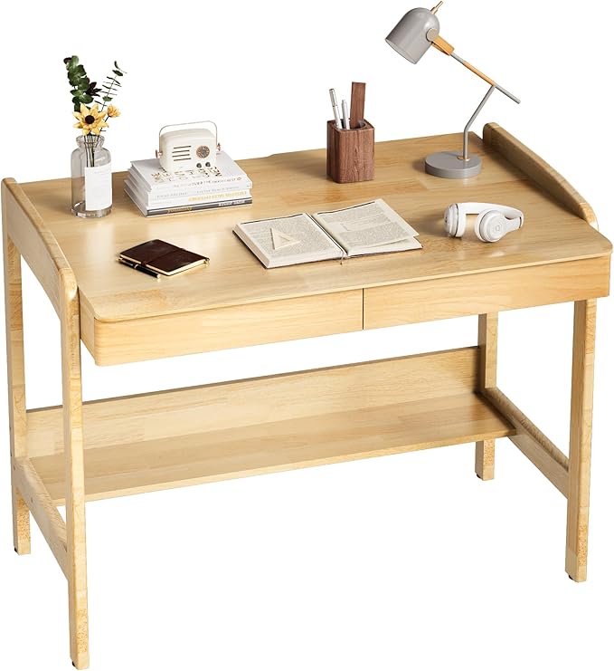 100% Solid Wood Desk with Drawers - 40 Inch Mid Century Modern Desk, Vintage Desks with Shelf, Adjustable Height Writing Computer Desks - Natural Oak