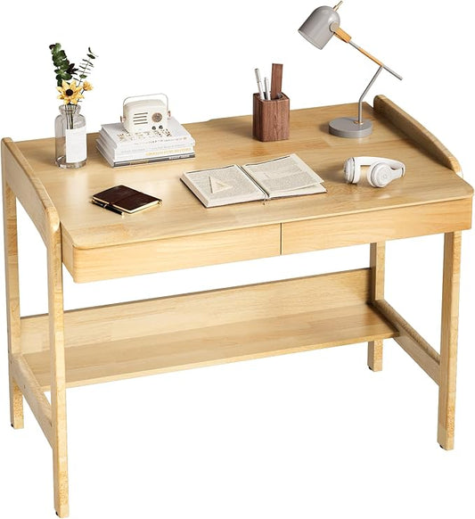 100% Solid Wood Desk with Drawers - 40 Inch Mid Century Modern Desk, Vintage Desks with Shelf, Adjustable Height Writing Computer Desks - Natural Oak