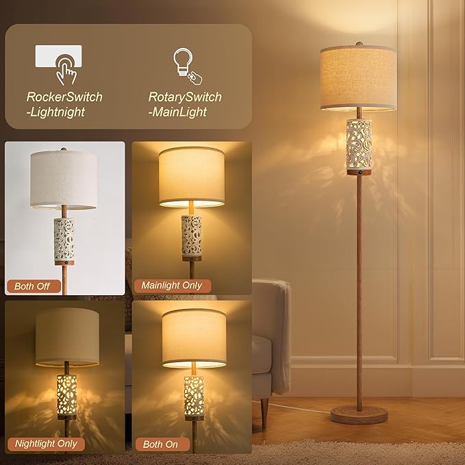 OYEARS 65" Floor Lamp with Night Light,Farmhouse Floor Lampfor Bedroom,Tall Floor Lamp for Living Room,Vintage Standing Lamp with Linen Shade,Boho Reading Lamp for Home Decor (Brown,Bulbs Included)