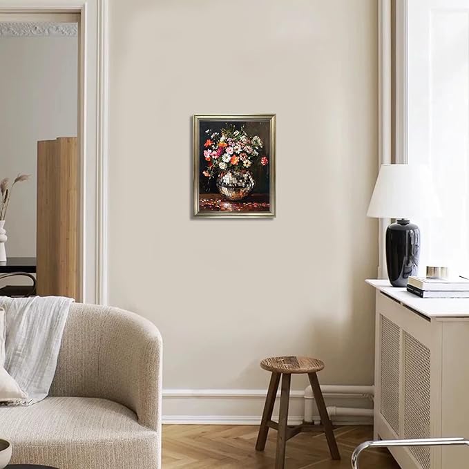 Disco Ball Wall Decor, Retro Eclectic Wall Art, Vintage Framed Colorful Moody Florals Painting, Maximalist Funky Flowers Bouquet Print Artwork