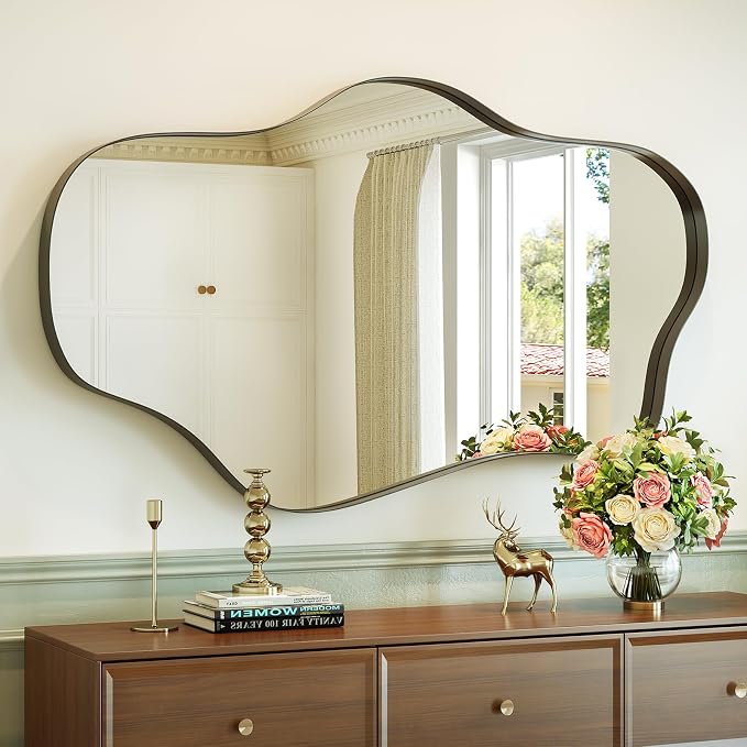 Black Irregular Wall Mirror, 24” x 40” Asymmetrical Wall Mirror with Metal Frame, Black Large Wavy Decorative Mirrors for Bathroom, Entryways, Living Room, Vanity