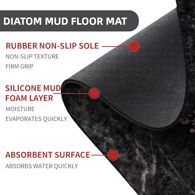 Diatomaceous Earth Bath Mat,Black White Gray Gold Marble Non-Slip Volume Super Absorbent Fast Drying for Bathroom Kitchen Door mat,Eco-Friendly Easy to Clean 16×24Inch (40 * 60cm)