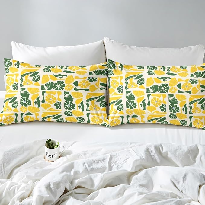 Erosebridal Retro Abstract Boho Bedding Set Queen Mid Century Modern Abstract Geometric Duvet Cover Cute Yellow Green Floral Plants Comforter Cover for Kids Adults,Vintage Patchwork Flower Bed Set
