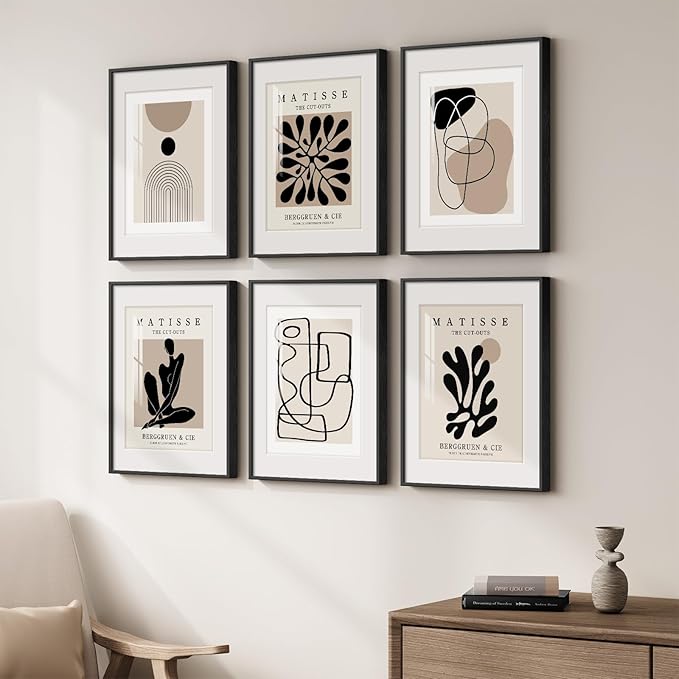 Framed Neutral Abstract Wall Art for Living Room, Set of 6 Minimalist Black Beige Prints Artwork for Walls, Modern Matisse and Geometric Pictures for Bedroom Dining Room Bathroom Wall Decor 11x14 In