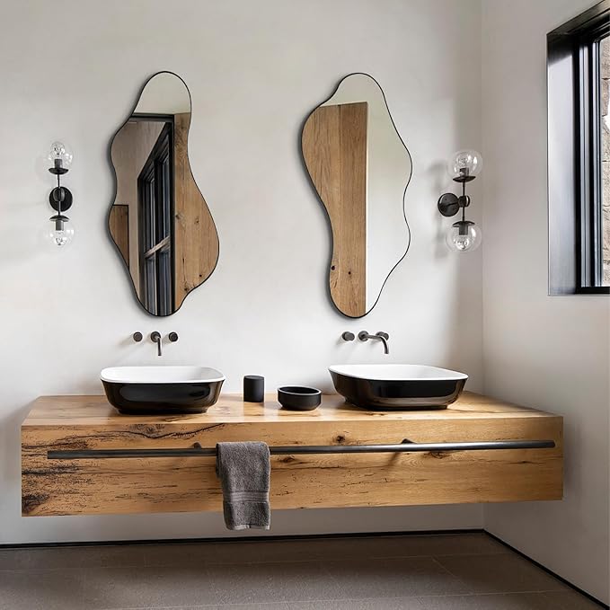 Irregular Wall Mirror, 40"x18" Asymmetrical Bathroom Mirrors with Metal Frame, Odd Shaped Mirror Decorative, Modern Abstract Mirrors for Living Room Bedroom Hallway Entryway Fireplace
