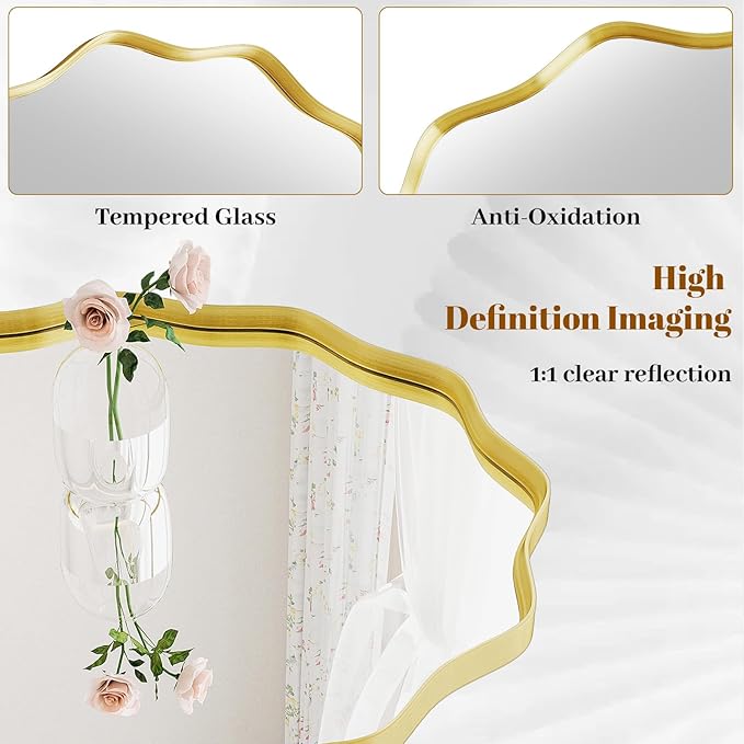 Round Wavy Mirror, 24 Inch Metal Frame Circle Mirror, Round Wall Mounted for Entryway, Bathroom, Vanity, Living Room, Gold