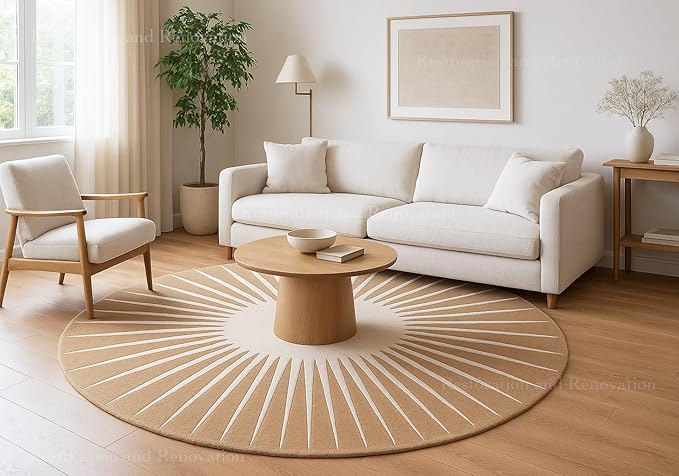 Modern Round Area Rug – Hand-Tufted with 100% NZ Wool, Thick & Soft Circular Carpet for Living Room, Bedroom & Dining Room Decor (Warm Natural, 10' Round)