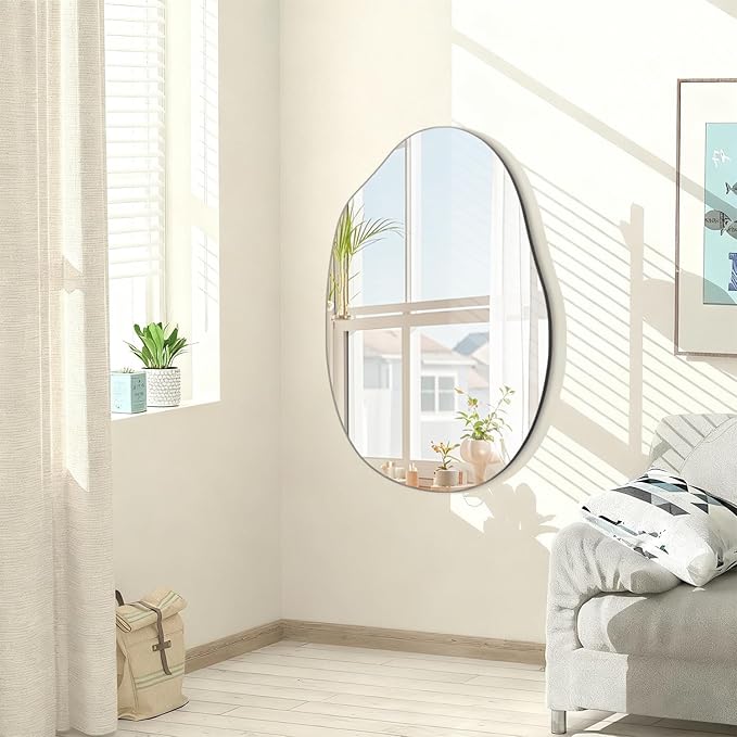 Bathroom Wall Mirror Wood Framed Modern Decorative Irregular Asymmetrical Mirrors for Bedroom Living Room Entryway Dressing Table Wall Decoration Room Decor 26" L x 18" W
