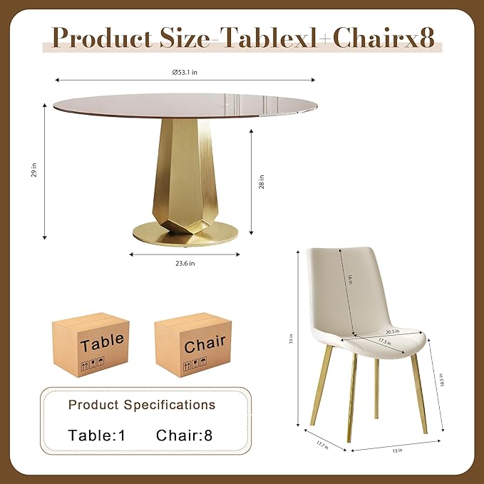 Montary 53 inch Luxury Round Dining Table Set with Smoked Glass Top & Gold Stainless Steel Base, Modern 9-Piece Kitchen Set for 4-8 People, Dining Table with 8 White PU Chairs, Easy Assembly