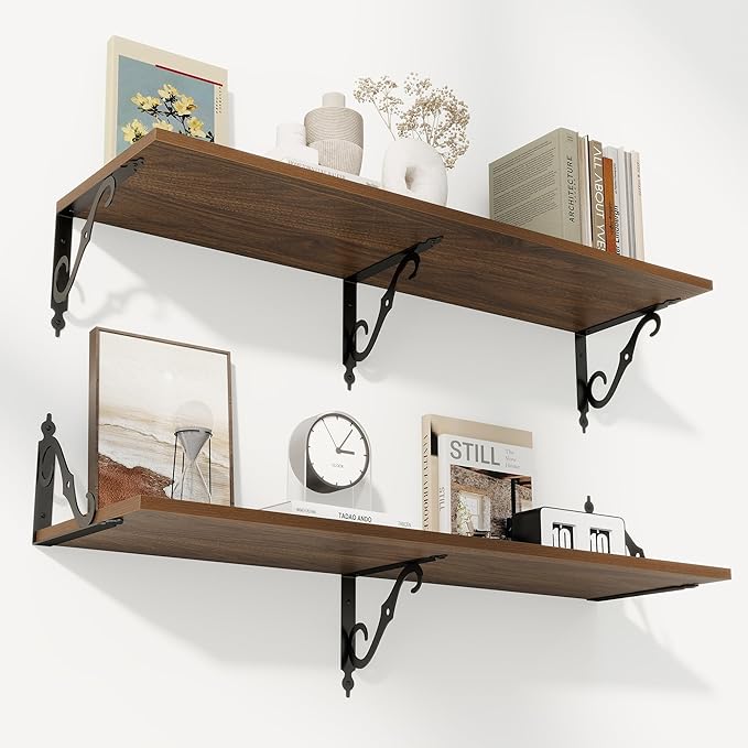 RICHFOCUS 12 Inch Deep Floating Shelves for Wall, 39" W x 12" D Wood Wall Shelves Set of 2, Wide Floating Shelves for Living Room, Bedroom, Kitchen, Bathroom and Decor Storage, Walnut
