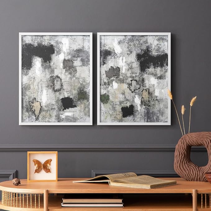 Renditions Gallery Set of 2 Peel & Stick Framed Prints, Abstract Wall Art, Hand Painted Black and White Pattern Wall Decor, Re-Stickable - Ready to Hang - 11"x14" - White Frame LT588