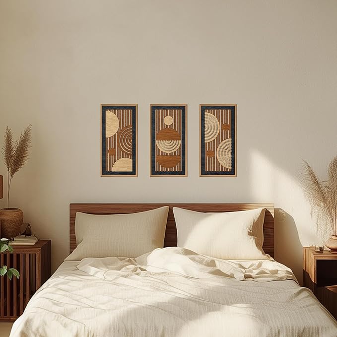 IARTTOP Geometric Wood Framed Wall Art Set of 3 Mid Century Modern Wooden Wall Decor Minimalist Abstract Art Prints Geometric Line Panels Decor for Living Room Bedroom Office 8 x16 Inch