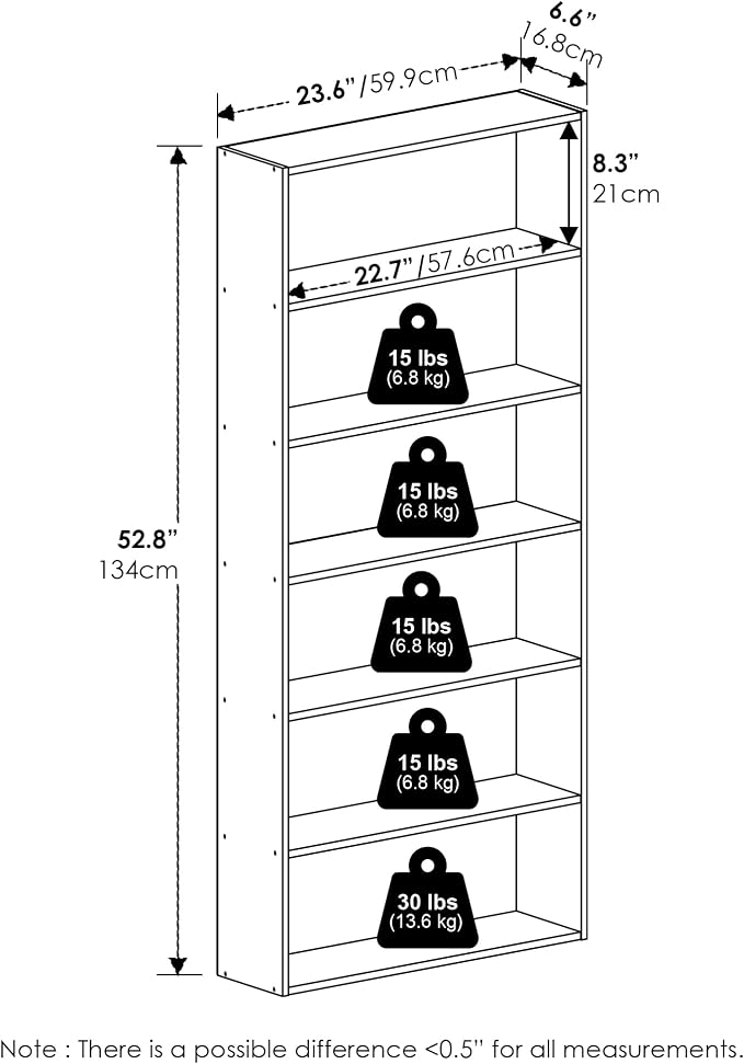 Furinno Basic Book Shelf, 6-Tier Bookcase with Open Shelf, Bookshelf, Cube Storage Organizer, 7 x 24 x 53, for Living Room, Bedroom, Home Office, White