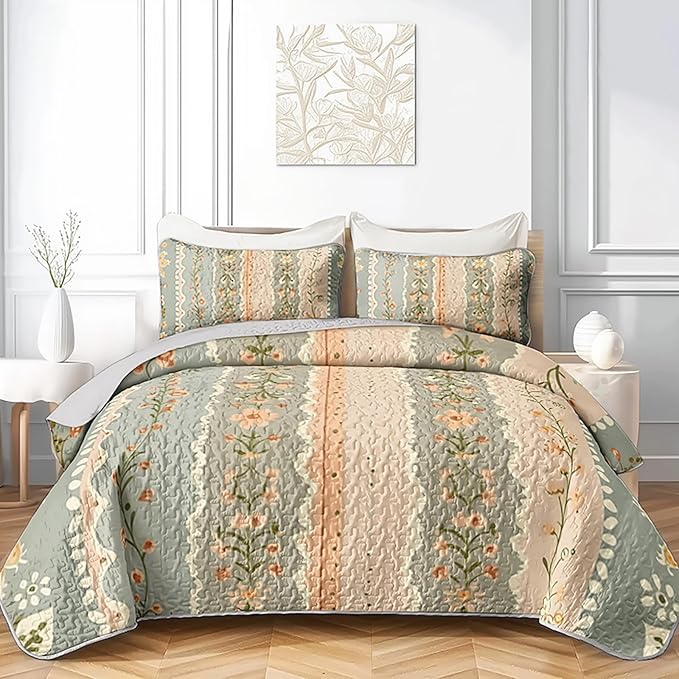 AILONEN King Quilted Comforter Set 3 Piece, Luxury Floral Vertical Bedspread Coverlet with 2 Pillowcases, Premium Apricot Bloom Bedding for Adults Suite Home Decor Upgrade Classic Forest
