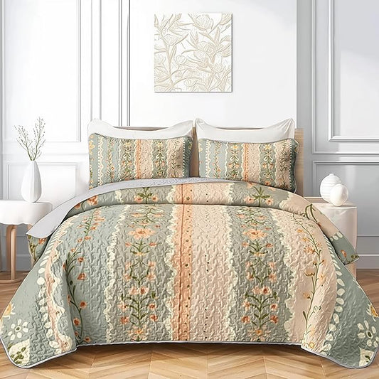 AILONEN King Quilted Comforter Set 3 Piece, Luxury Floral Vertical Bedspread Coverlet with 2 Pillowcases, Premium Apricot Bloom Bedding for Adults Suite Home Decor Upgrade Classic Forest
