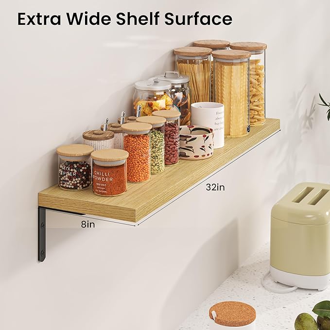 Marsmiles Extra Wide Floating Shelves for Wall, 32x8 Inch Natural Wood Grain Bookshelves, Heavy Duty Mounted Shelving for Bathroom, Kitchen, Living Room, Bedroom,Set of 2，Oak