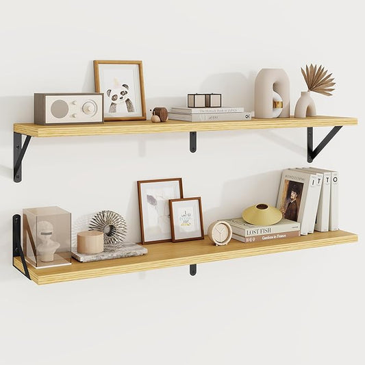 Floating Shelves, 8 Inch Deep Rustic Wood Wall Storage, 48W x 8D Wall Shelves Set of 2, Heavy Duty Metal Brackets, Industrial Book Shelf for Living Room, Kitchen, Bathroom, Bedroom, Oak