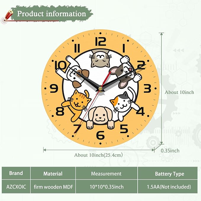 Wall Clocks,Dogs Circle Space Wall Clock Decorative,Cats Kitchen Wall Clock Battery Operated - 10 Inch Round Bathroom Clocks Silent Non-Ticking