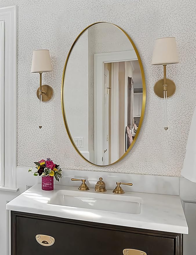 ANDY STAR Gold Oval Mirrors for Bathroom, 24x36 Inch Brushed Gold Stainless Steel Metal Framed Oval Wall Mirror, Modern Vanity Mirror Wall Mount Horizontal or Vertical