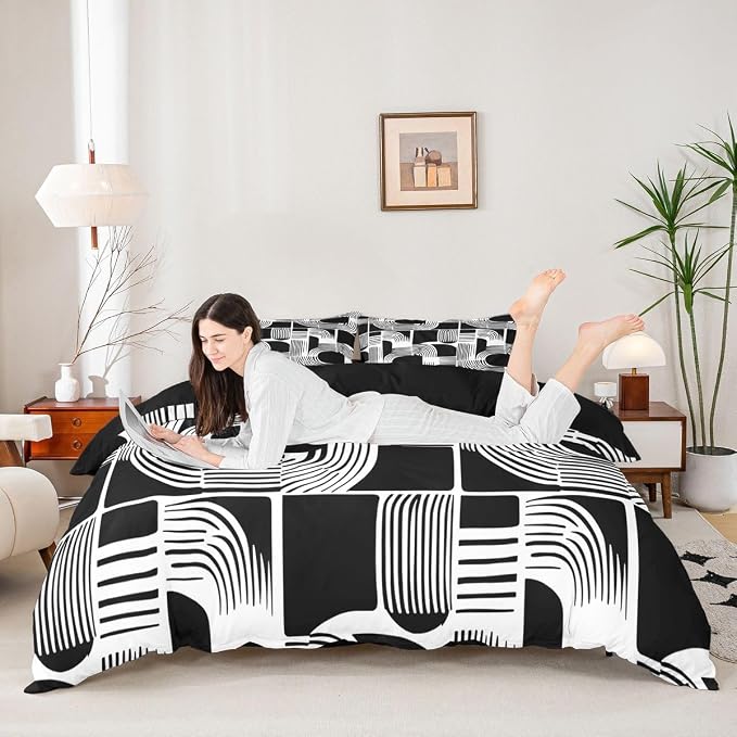 Erosebridal Black and White Teens Duvet Cover 3 Piece Bohemian Geometric Bedding Set King Size Mid Century Abstract Comforter Cover for Kids Boys Adult Bedroom Boho Stripes Minimalist Bed Sets