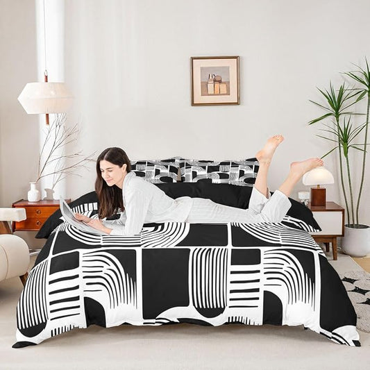 Erosebridal Black and White Teens Duvet Cover 2 Piece Bohemian Geometric Bedding Set Toddler Size Mid Century Abstract Comforter Cover for Kids Boys Adult Bedroom Boho Stripes Minimalist Bed Sets