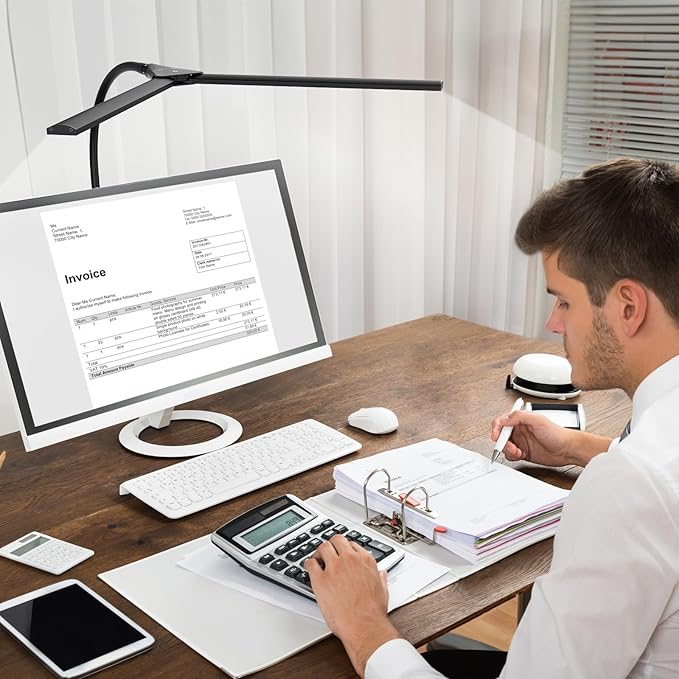 Desk Lamp for Home Office, Double Head Desk Light with Clamp, Dimmable 5 Color Modes Task Lighting, Eye-Caring Architect Table Lamp for Workbench, Dual Monitor, Study, 1400lm