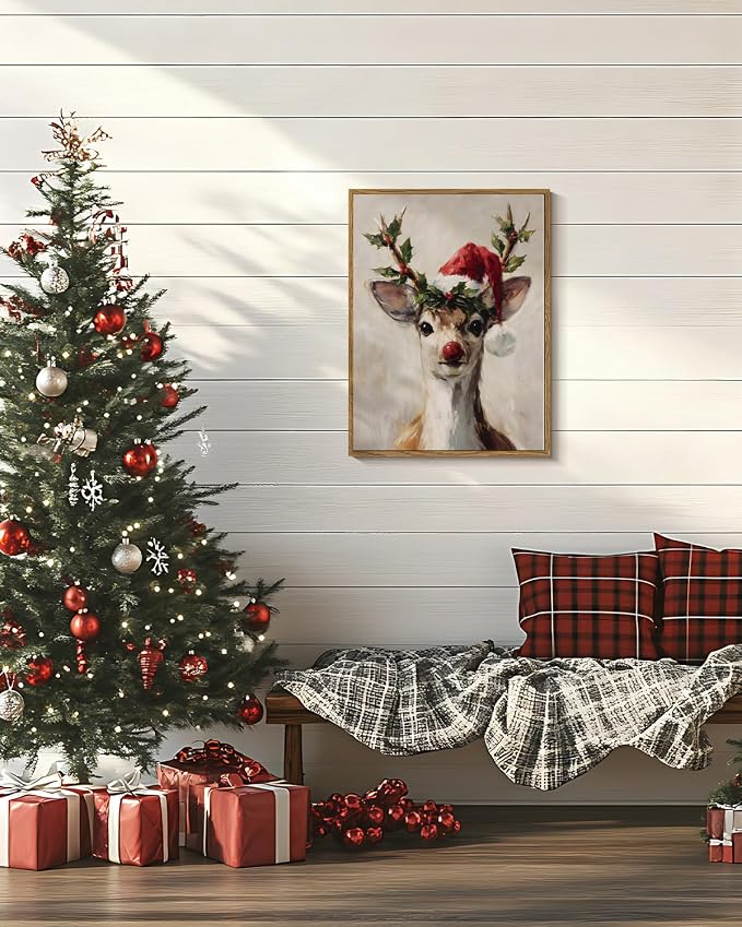 InSimSea Christmas Decor Framed Wall Art, Elk wearing a Santa hat Canvas Painting, elegant Holiday decor Unique Christmas Gifts For Table Wall Farmhouse Mantel Home Office 16L x 12W