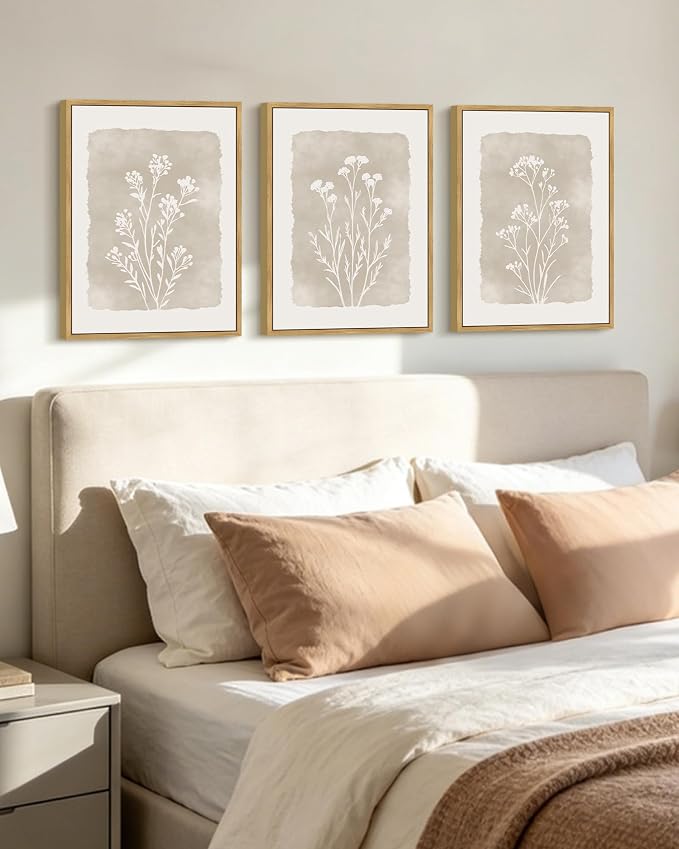 KUVIOKE Boho Botanical Flower Framed Wall Art Farmhouse Vintage Floral Wall Painting Rustic Wildflower Neutral Prints for Living Room Bedroom 12x16in (Natural Framed)