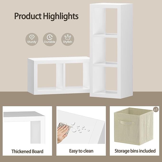 Bookshelf with Storage Bin, 2-Cube Storage Organizer, Modern Wood Open Bookcase, Multifunctional Display Shelf for Living Room, Bedroom, Home Office, White