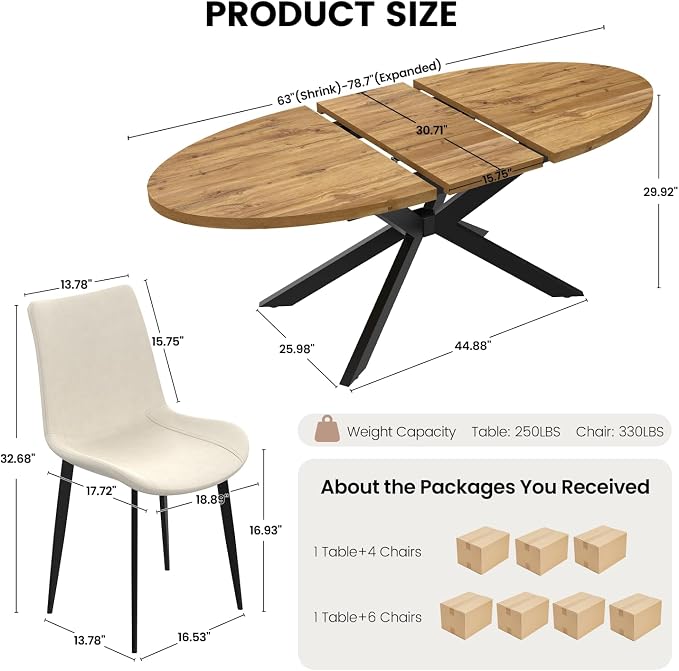 63"-78.7" Extendable Round Dining Table Set for 4, 5 Piece Mid Century Modern Oval Kitchen Table Set, Large Dining Table with 4 Dining Chairs for Living Room Space Saving（Walnut Table+4 Beige Chairs)