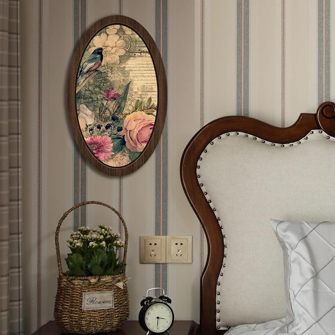 UYIKG Vintage Oval Framed Wall Art Decor,Vintage Rustic Farmhouse Bird Floral Cottage Core Wall Decor for Theme Room Home Bedroom Living Room Home Office 9x14.6 in