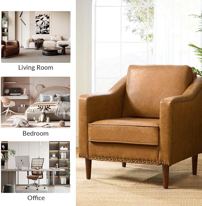 HULALA HOME Faux Leather Accent Armchairs Set of 2 with Back & Seat Cushions, Traditional Club Chairs with Nailhead Trim, Comfy Upholstered Sofa Chairs for Living Room Bedroom, Camel