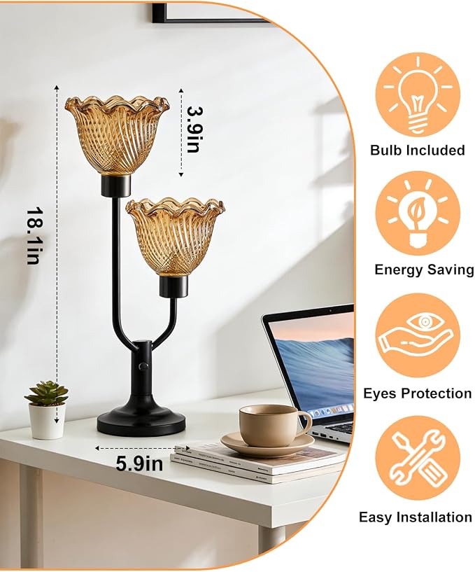Lightdot Vintage Table Lamp for Living Room Dimmable Mid Century Modern Desk Lamp Flower Amber Glass Black Nightstand Lamp 2 Bulbs Included Warmwhite Ambient Bedside Lamp for Bedroom Home Office Decor