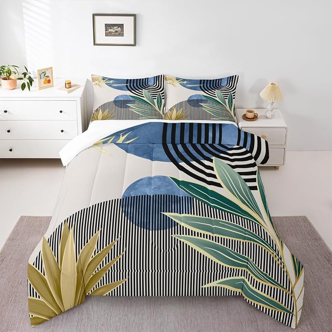 Erosebridal Mid Century Modern Comforter Set Full Modern Boho Bedding Set,Abstract Minimalist Art Down Comforter Arch Curve Leaves Aesthetic Duvet Insert,Blue Green Room Decor