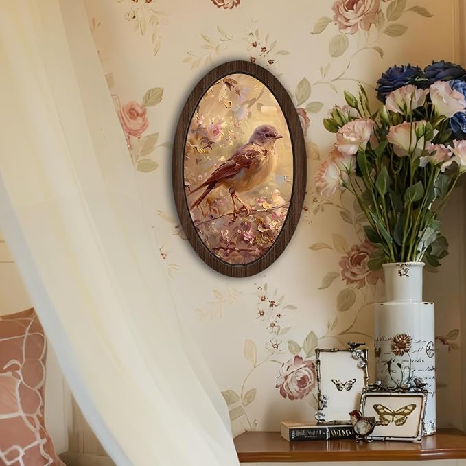 UYIKG Vintage Bird Floral Oval Wooden Wall Art Decor,Rustic Farmhouse Cottage Core Decor,Vintage Wall Decor for Theme Room Home Bedroom Living Room 9x14.6 in