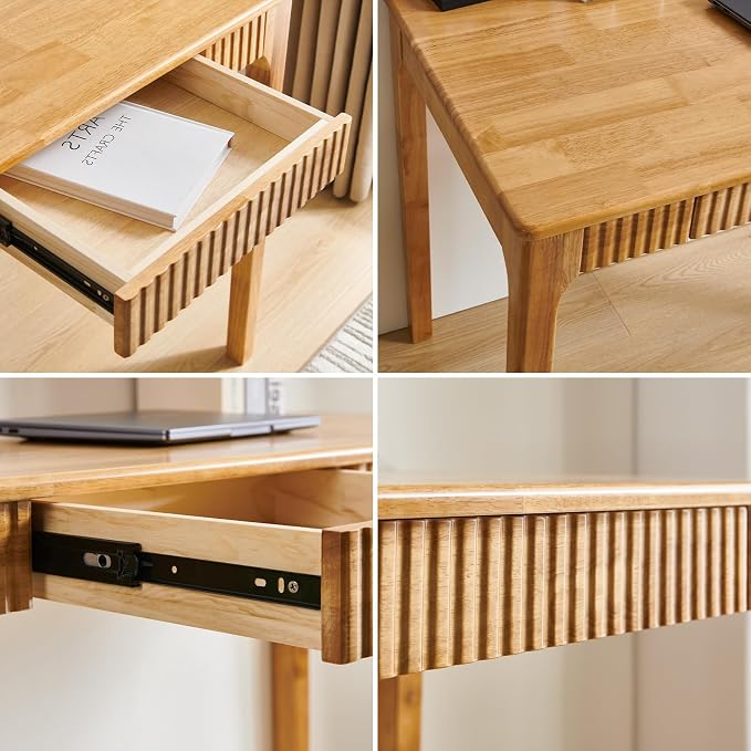 Solid Wood Desk with Drawers, Light Wood Desk for Small Spaces, Small Writing Desk for Bedroom, Gaming Study Home Office Wooden Desks for Work, 47 inch Wood Computer Desk