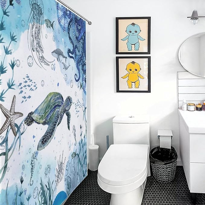 Sea Turtle Shower Curtain,Nautical Blue Teal Ocean Fish Underwater Animal Seashell Jellyfish Coastal Theme Bathroom Curtain Waterproof Fabric Machine Washable with Hooks,72x78Inch