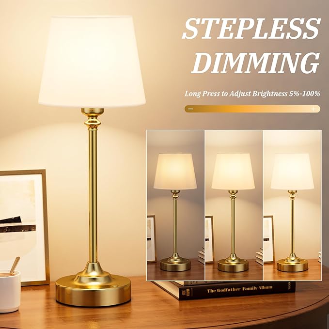 Kakanuo Cordless Table Lamps Rechargeable Set - 2 Pack Gold 4000mAH Battery Operated Lamps for Decor, 3000K Stepless Dimming Touch Wireless Lamp for Bedroom, Dining Table, Living Room, White Shade