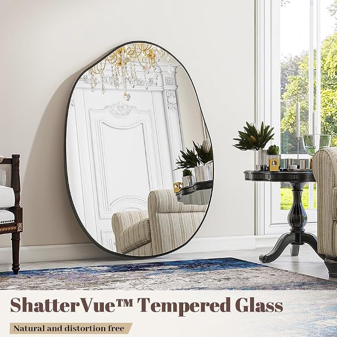 BEAUTYPEAK Asymmetrical Mirror, 26 x 40 Inches Irregular Wall Mirror, Wood Frame Unique Shape Wall Mounte, Decorative for Living Room Bedroom Entryway Hallway