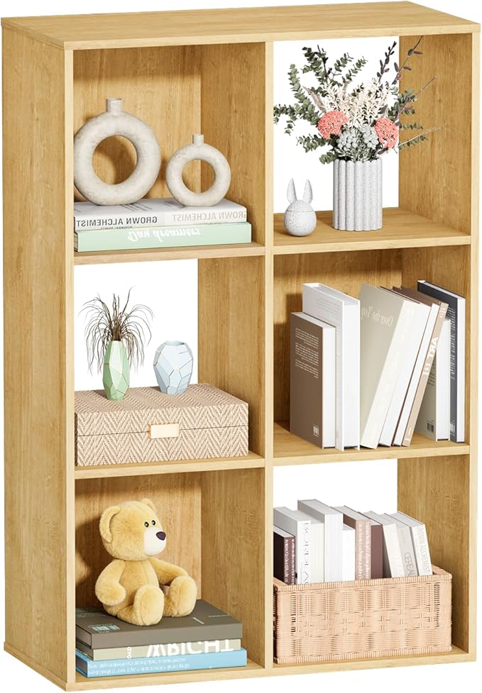 6 Cube Storage Organizer, Open Bookshelf Storage Cubes Shelf with Back Panel, Wooden Display Shelf Bookcase Standing Shelves for Living Room, Bedroom, Home Office (Oak, 6-Cube)