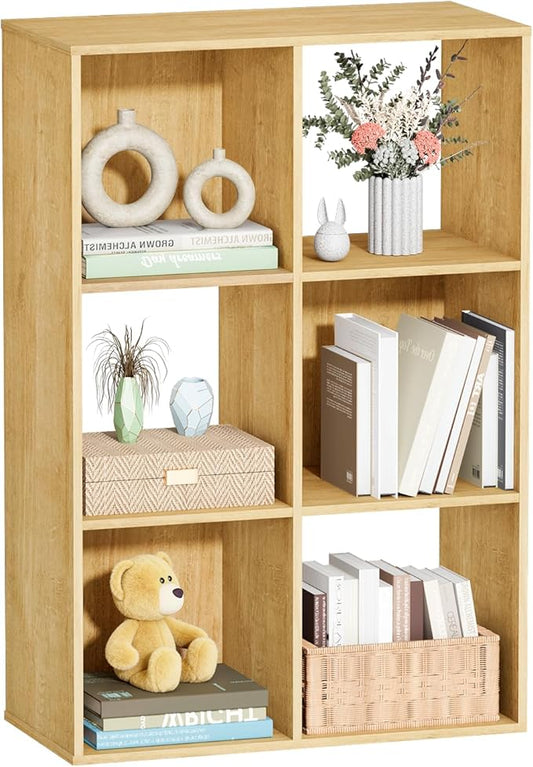 6 Cube Storage Organizer, Open Bookshelf Storage Cubes Shelf with Back Panel, Wooden Display Shelf Bookcase Standing Shelves for Living Room, Bedroom, Home Office (Oak, 6-Cube)