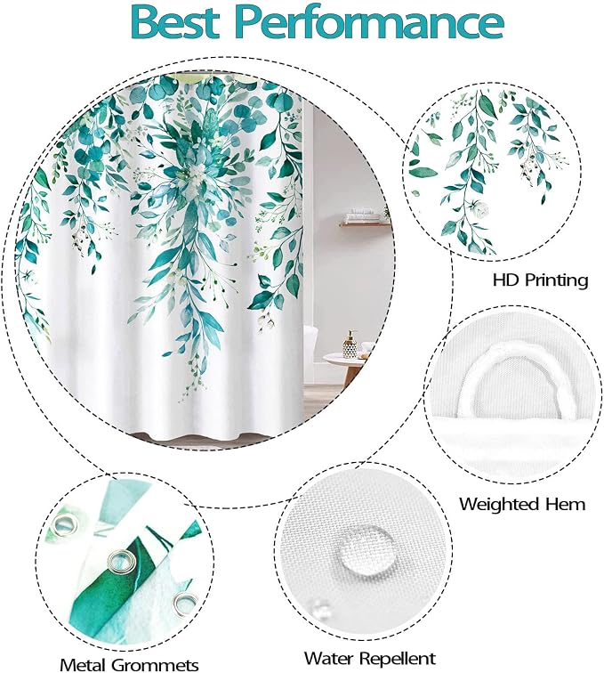 Teal Eucalyptus Shower Curtain Watercolor Floral Plant Leaf Shower Curtains for Bathroom Botanical Flower Waterproof Fabric Bath Curtain Decor with Hooks (Teal, 72'' x 72'')