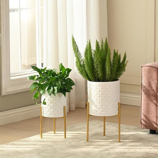 Modern Planter Pots, Set of 2 White Planters with Stand, Decorative Planters, Metal Pots with Drainage Holes for Living Room, Office, Garden
