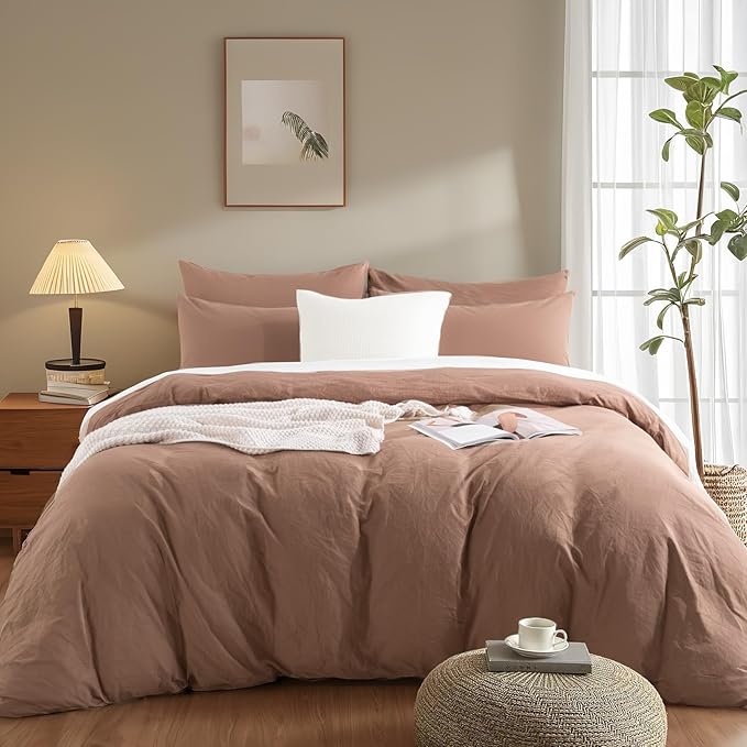 NEXHOME PRO Duvet Cover Set Queen Size Linen Textured Organic Natural 100% Washed Cotton Duvet Cover Mocha Brown 3 Pieces Bedding Set with Zipper Closure, Breathable, Soft (No Comforter)