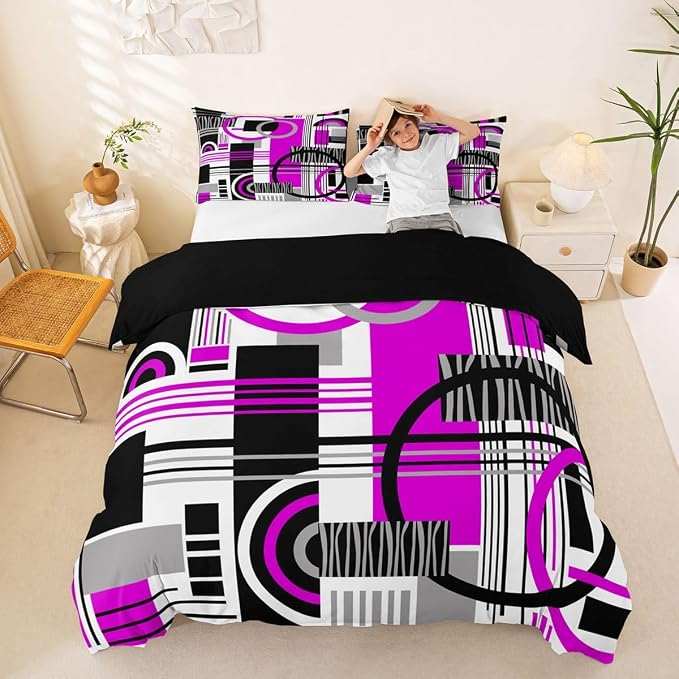 Erosebridal Art Deco Mid Century Duvet Cover Set Retro Modern Abstract Geometric Queen Bedding Set for Kids Teens Child Black and White Purple Circles Stripes Comforter Cover Contemporary Bed Sets
